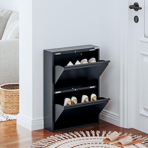 VEEHAUS Schuhregal Schmal Metall Schuhschrank Hoch Schuhkipper mit Magnetische Abdeckung Metall Montiert Schuhschrank Schmal und Wandmontage (Anthrazit RAL7016, 2 Klappen)