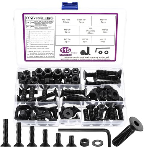 115 Pcs Tornillos M8, Juego de Tornillos y Tuercas, Tornillos de Cabeza Avellanada con Tuercas, Tornillos de Cabeza Hueca Hexagonal de Cabeza Plana y Tuercas y Arandelas Kit, Negro