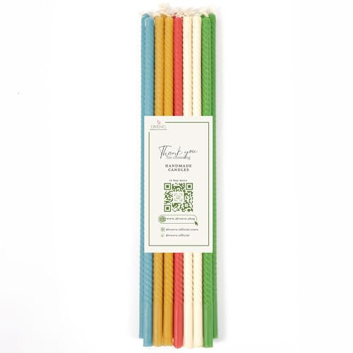 15 Stk. Gedrehte reine Bienenwachskerzen 30 cm, Brenndauer 140 Minuten, Deko, Meditation, Religiöse Zeremonien I Rot, Grün, Weiß, Schwarz, Gelb, Hellblau (Mehrfarbig)