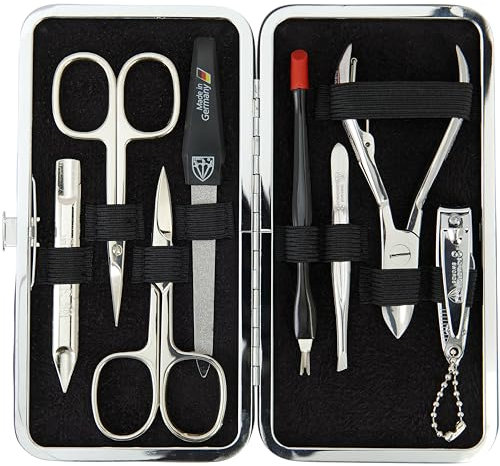 3 Swords Germany - brand quality 7 piece manicure pedicure grooming kit set for professional finger & toe nail care scissors clipper genuine leather case black in gift box, Made by 3 Swords