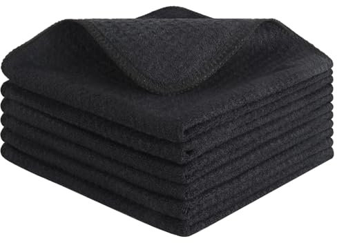 VIVOTE Mikrofasertuch, Barista-Tuch, fusselfrei, Waffelmuster, Geschirrtuch, schwarz, waschbar, Küchentücher, dicke Haushalts-Reinigungstücher, 30 cm x 30 cm, 6 Stück, 280 g/m²
