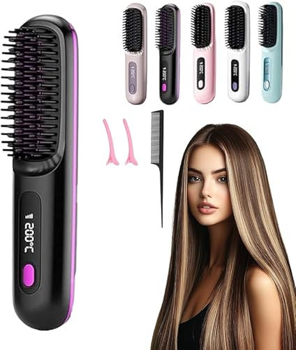 Go Brush Pro, 2025 Cordless Hair Straightener Brush, Portable Straightening Comb for Travel, Portable Mini Hot Comb with Negative Ions Smoother, Rechargeable Heated Brushes (Black)