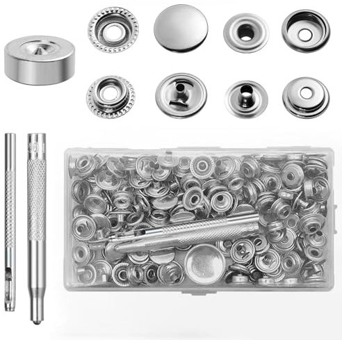 Druckknopf Set mit Zange, 240 Stück Druckknöpfe ohne Nähen, 15mm Edelstahl Druckknöpfe mit Zange, Inklusive 5-teiliges Werkzeugset, Transparente Aufbewahrungsbox für Kleidung, Leder und DIY Handwerk