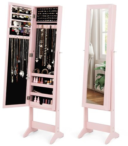 COSTWAY Specchio Portagioie da Terra, Armadietto Portagioie con Specchio a 3 Angoli, Organizer per Gioie Camera da Letto, 35 x 30 x 144 cm (Rosa)