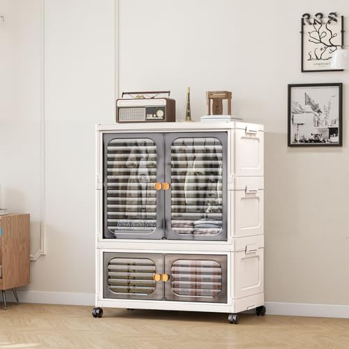 Niwugady Tragbarer Kleiderschrank mit Doppeltüren, Zusammenklappbarer Schrank mit Rollen, Stapelboxen Kunststoff Klappkommode mit 1 Aufhängung + 1 Aufbewahrungen, 60 x 35 x 79cm, Weiß