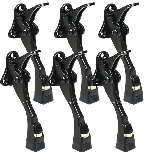 ENYZTBI 6 Packs Black Door Stops, Heavy Duty Kickdown Door Stopper, One Touch Adjustable Kickdown Door Stop for Heavy Doors, 4 in Metal Door Kickstand with Rubber Tip & Wall Protectors for Wide Doors