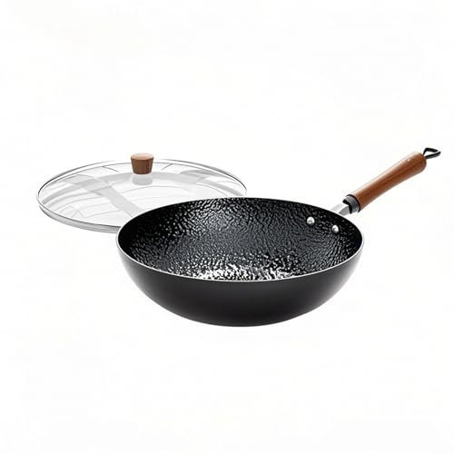 Wok en Acier en Carbone avec poignée en Bois et Couvercle en Verre, Casserole de Poudre à Fond Ronde, Wok en Acier en Carbone résistant, 13,5 Pouces Wok, Compatible avec l'induction, électrique