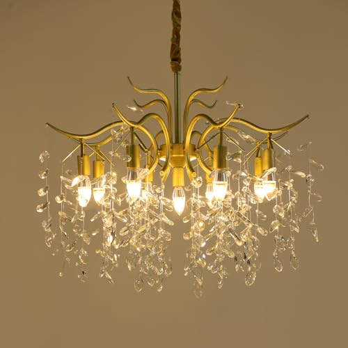 DSYOGX Kristall-Deckenlampe 8-Arm Gold Kristall Deckenlampe Hängelampe Deckenleuchte Lüster Kronleuchter, Anwendungsbereich ist etwa 53,82-161,46 ft²