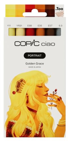 Copic Ciao Portrait Golden Grace Set 5 Gold and Brown Shades Including 1 Multiliner 0.3 mm in Sepia, Twin Marker with Medium Width and Brush Tip
