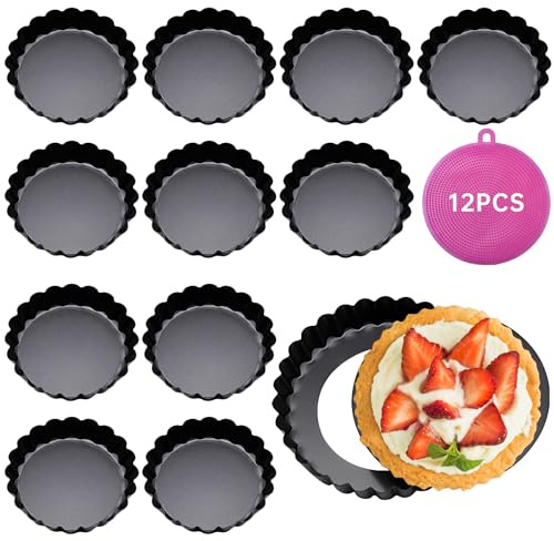 Dazhtu Molde para tartas con base elevadora, 12 unidades de 8 cm/3 pulgadas, revestimiento antiadherente, molde para quiche, molde para tartelette de acero al carbono, reutilizable, para hornear