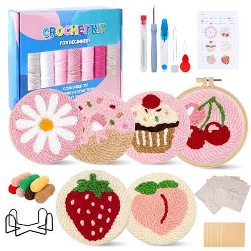 LURICO Sticken Set Erwachsene, 6 teiliges Punch Needle Untersetzer Set Stickset für Anfänger mit Motiven, Garn, Stickrahmen, Anleitung & Halter für DIY Kunst, Handwerk, Nähen