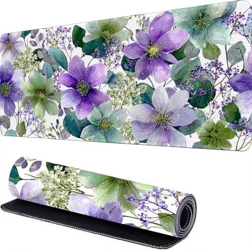 Mouse Pad 1800 x 900 x 3mm Blumen Schreibtischunterlage Violett Mousepad XXL, Mauspad Gaming, Rutchfeste Desk Mat, Multifunktionales Mousepad mit Vernähte Kanten, Mouse Pad für Büro/Home r-269
