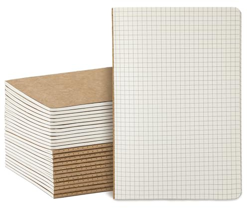24er Set Notizbuch A5 Kariert - Kraftpapier-Notizheft mit Fadenbindung | 60 Seiten, 80g/m² beiges Papier, 5 x 5 mm kariert, flachliegend, ideal als Klassensatz & Teamvorrat