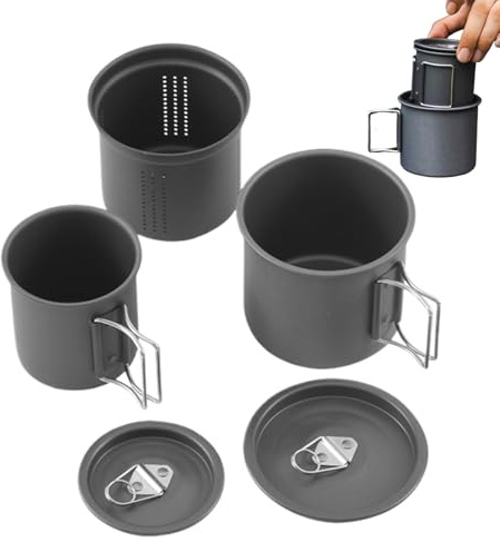 Camping Coffee Mugs - Portable 3 Piece Stackable Cookware Set, Foldable Handle Travel Pot, Lightweight Boiling and Brewing Kit for Outdoor Hiking Survival Adventure, Camping Gear, 3.7x3.7x3.07 Inches