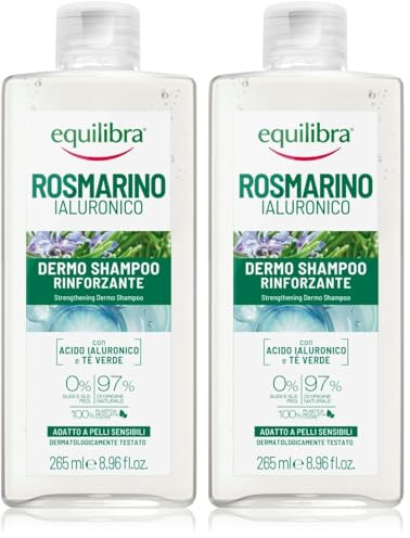 Equilibra Rosmarino Ialuronico Dermo Shampoo Rinforzante, 2x265 ml | con Acido Ialuronico, Olio Essenziale di Rosmarino, Tè Verde,per Tutti I Tipi di Capelli, 97% ingredienti di origine naturale
