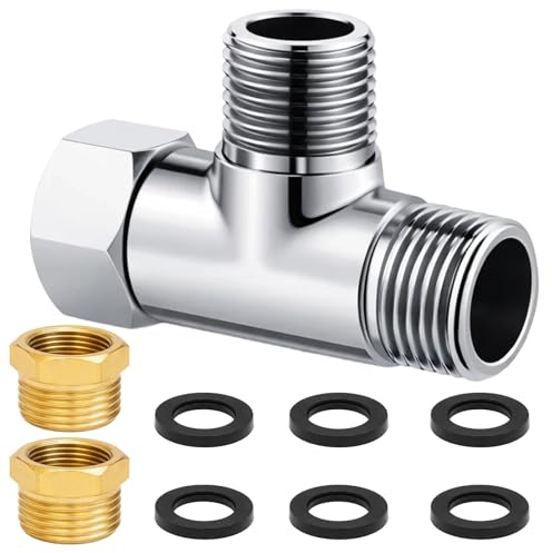 Ebksqs T-Stück Set Messing – 1/2 T-Verteiler + 2×Reduzierstück 1/2→3/8 + 6×Dichtung, Eckventil 1/2 Zoll für WC Anschluss, Waschmaschine & Wasseranschluss, Anti-Rost Messing Fittinge