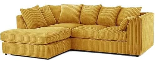 SofaSelection Jumbo Cord Left Hand Corner Sofa, Comfy L-Shape 4 Seater Couch for Family Living Room with Scatter Back Cushions, Soft Cord Fabric Corduroy Settee (Mustard)