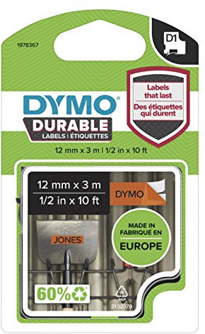 DYMO Original D1 Hochleistungs-Etikettenband | schwarz auf orange | 12 mm x 3 m | permanent haftendes Vinyl- Schriftband | für LabelManager-Beschriftungsgerät
