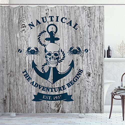 ABAKUHAUS Nautisch Duschvorhang, Anker Schädel Meer Seil, Stoffliches Gewebe Badezimmerdekorationsset mit Haken, 175 x 180 cm, Beige Marineblau