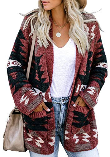 FERBIA Damen-Strickjacke, Boho-Stil, Aztekenmuster, vorne offen, locker, lässiger Pullover, Tribal, langärmelig, gestrickt, Weihnachtsjacke, A-Wine Rot, X-Groß