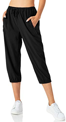 Butrends Damen Leichter Jogger Caprihose Casual Schnell trocknend Hose Workout 3/4 Workout Joggerhose Sonnenschutz UPF 50+ Wanderhose mit Tasche Schwarz, XXL