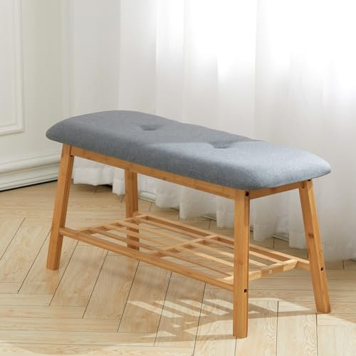 Warmiehomy 2 Tier Bamboo Shoe Rack, Linen Padded Shoe Bench Shoe Shelf Organiser for Entryway, Hallway, Living Room, 90 x 34 x 43cm, Grey