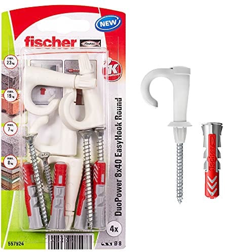 fischer EasyHook Round K (4), Juego de 4 tornillos y tacos DuoPower 8 x 40, con gancho redondo, para tablero aglomerado con ganchos flexibles para instalar en numerosos materiales de construcción