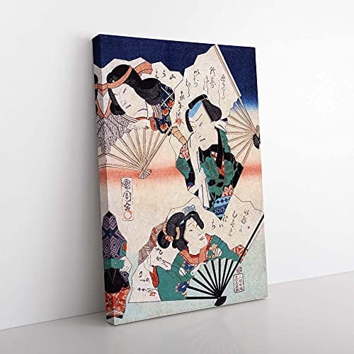 Big Box Art Kabuki Actors with Fans by Toyohara Kunichika Painting Canvas Wall Art Print Ready to Hang Picture, 76 x 50 cm (30 x 20 Inch), Beige, Grey, Black, Brown, Blue