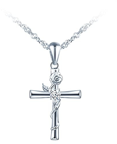 MicLee Colliers pendentif en argent 925 pour femmes et filles pendentif de croix et fleur de rose avec zircon incrusté, argent, or rose et or