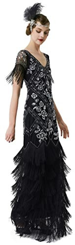 BABEYOND 1920s Damen Abendkleid Lang Fransen Pailletten Kleid Formal Maxikleid Mehrschichtiges Ballkleid, schwarz/silberfarben, L