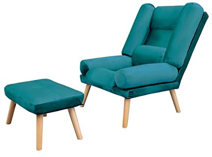 Grekpol Liegesessel mit Fußhocker, Rückenlehne 5-stufig einstellbar, Sessel B75 x H100 x T65/130 cm, Hocker B65 x H25 x T42 cm (Türkis, Solo)