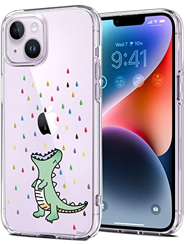 Unov Case Compatible with iPhone 14 Case Clear with Pattern Slim Protective Soft TPU Bumper Embossed Design 6.1 Inch (Rainbow Dinosaur)