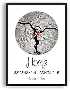 Zuhause Daheim Bild personalisierbar mit Landkarte und Koordinaten | VINTAGE STIL | optional mit Rahmen | Geschenk für Nachbar oder Einweihungsgeschenk zum Einzug Umzug