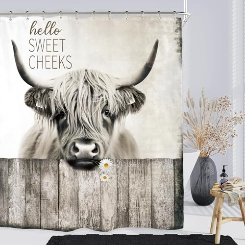 Miyotaa Highland Cow Bull Duschvorhang-Set, 152 x 180 cm, süße Wangen, lustiges Bauernhaus, Western, rustikaler Bauernhof, Landtier, Polyester, wasserdichtes Stoff, Badezimmer-Vorhang mit 12 Haken