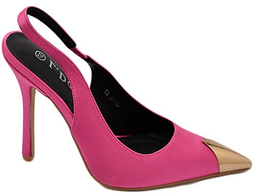 Malu Shoes Decollete' Donna Fucsia Alto Tacco a Spillo 12 cm Aperto Dietro con placca Oro in Punta in Raso Moda Cerimonia Elegante (40 EU)