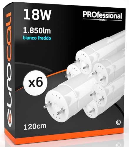 Eurocali 6 Tubi LED 120 cm 18W G13 T8 1850 lumen - Luce Bianco Freddo 6500K - Fascio Luminoso 160° - Sostituzione Neon