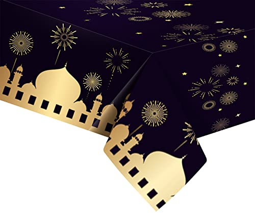 Schwarze Eid Tischdecke Party,130x220cm Große Eid Ramadan Mubarak Dekorationen,Tischdecken Mond und Stern,Rechteckige Tischdecke,Kunststoff Tischdecke für Zuhause,Eid Mubarak,Islam,muslimische Party