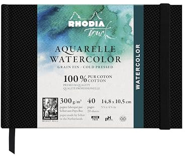 Rhodia 116136C - Rhodia Touch Zeichenbuch Watercolor Book, feinkörniges Papier aus 100% Baumwolle 300g, 20Blatt, A6 Querformat, ideal für Aquarell, Schwarz, 1Stück