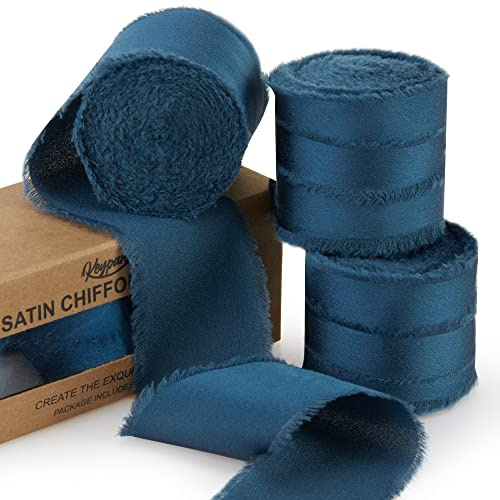 Keypan Dunkelblau Chiffonband 38mm x 19,2m Fransiges Geschenkband | Schleifenband Handgefertigtes für Bastelarbeiten, Blumensträuße, Hochzeitseinladungen, Dekoration, 3 Rollen