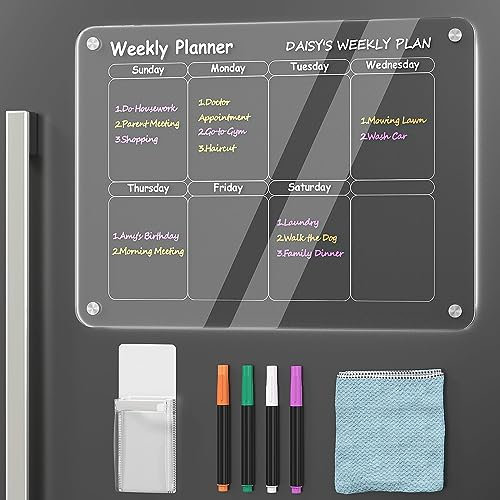 W&H Magnetic Acrylic Weekly Calendar for Fridge, 16X12 Clear Acrylic Magnetic Dry Erase Planning Board for Refrigerator, Including 4 Colorful Highlight Markers