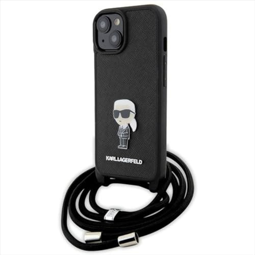 KARL LAGERFELD KLHCP15SSASKNPSK Hülle für iPhone 15 6.1 hardcase Schwarz Crossbody Saffiano Monogram Metal Pin Karl & Choupette