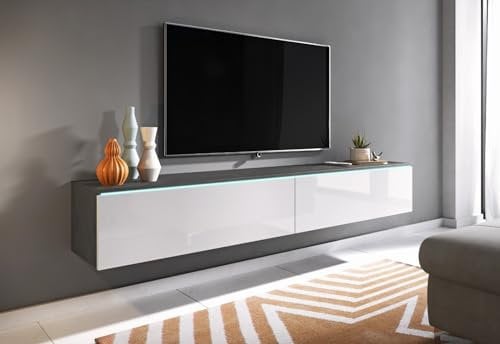 MINIO - Mobile TV Donna, Larghezza 180cm, TV Lowboard, Da Appoggio o Sospeso, Cassettiera TV Per il Soggiorno, Truciolare Laminato, Stile Moderno, Matera/Bianco lucido - con LED