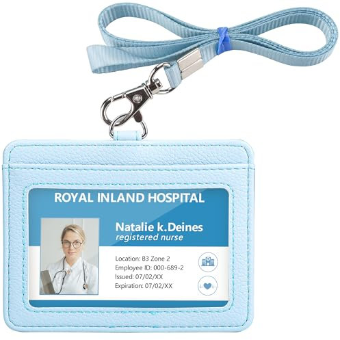 Teskyer Porta Badge, Porta Badge da Collo, 2 Slot per Carte, in Pelle Martellata, con Cordino in Nylon, Orizzontale, per Pass, Autobus, Blu Ghiaccio