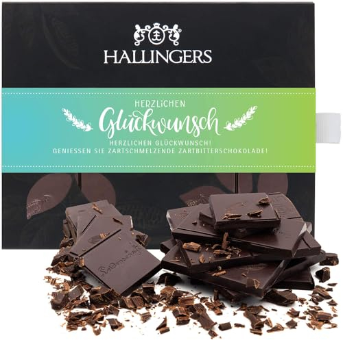 Hallingers Herzlichen Glückwunsch - Vegane Schokolade Zartbitter-Edelkakao 85% pur zartschmelzend - handmade, alkoholfrei (Box) - Geschenk im Sommer & als perfektes Grillgeschenk | Geburtstag Glückwun