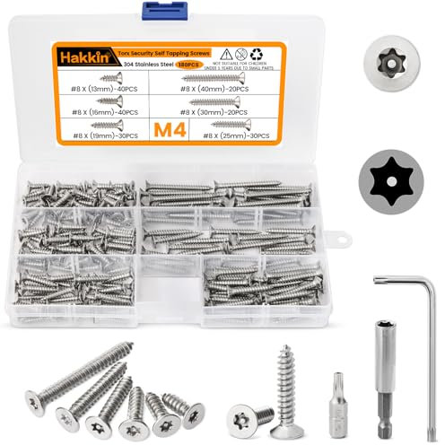 Self Tapping Screws Hakkin 180Pcs M4 Stainless Steel Screws Torx Wood Screws Anti-Theft Tamper Proof Sheet Metal Screws Assortment Kit with T20 Bit, L Wrench, Extension Holder