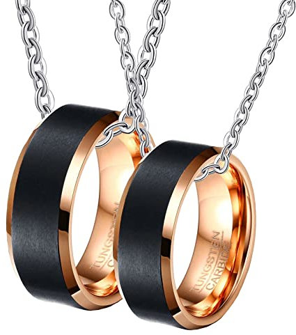 Gualiy Tungsten Steel Necklace Set, Matching Rings Necklace 8mm Rose Gold Brushed Ring Beveled Edges Necklaces Women P 1/2 + Men V 1/2