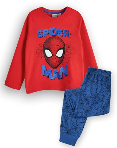 Marvel Spiderman Jungen Pyjama Set | Kinder Superhero Langarm Langbein Grafik in Rot und Blau | Spider Man Maskenoberteil durchgehend Bedruckte Unterteile mit Schwimmhäuten | Nachtwäsche Merchandise