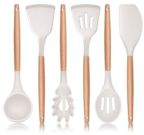 Herogo Kitchen Utensils Set, 6 Pieces Silicone Cooking Utensils Set, Non-Stick Spatula Turner Spoon with Wooden Handle, Heat Resistant Kitchen Tools for Nonstick Cookware - Khaki