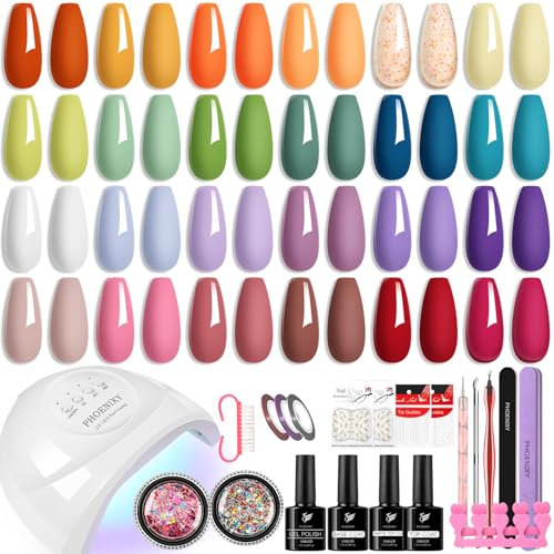 Kit Semipermanente Unghie 27 Pcs con Lampada UV LED Unghie 48W, Phoenixy Kit Unghie Gel Completo(Gel Base Sigillante Lucido Smerigliato), Set Smalto Semipermanente Unghie Regali per Donne