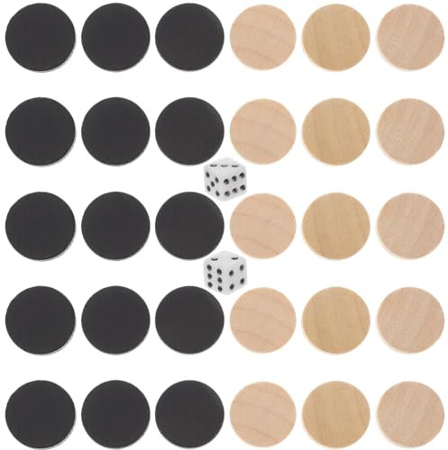 VICASKY 30 Stück Backgammon Steine schachspiel, Backgammon Spielsteine Klein Holzschachfiguren Ersatz-Dame Holz Spielsteine Für Brettspiele Brettspieltisch-Chips Mit Würfeln